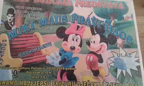 DANAS U PODNE U SALI CENTRA ZA KULTURU PREDSTAVA “MIKI MAUS PRAVI HAOS”