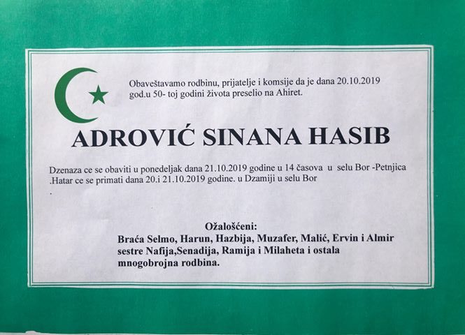 OBAVJEŠTENJE: UMRO ADROVIĆ SINANA HASIB