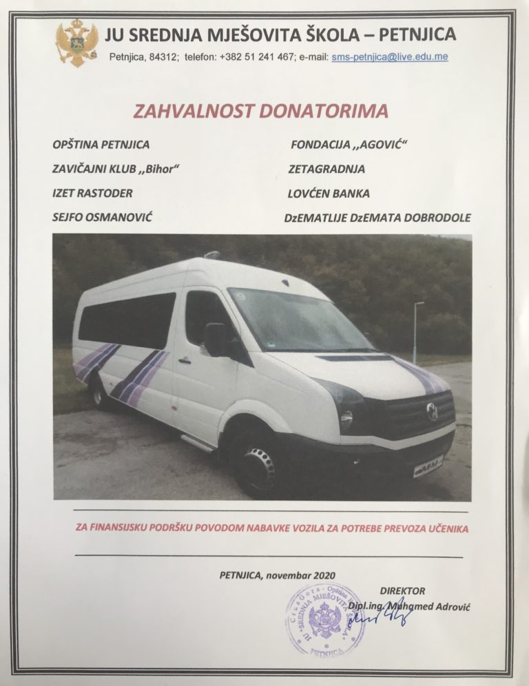 SREDNJA MJEŠOVITA ŠKOLA U PETNJICI DOBILA AUTOBUS ZA PREVOZ ĐAKA