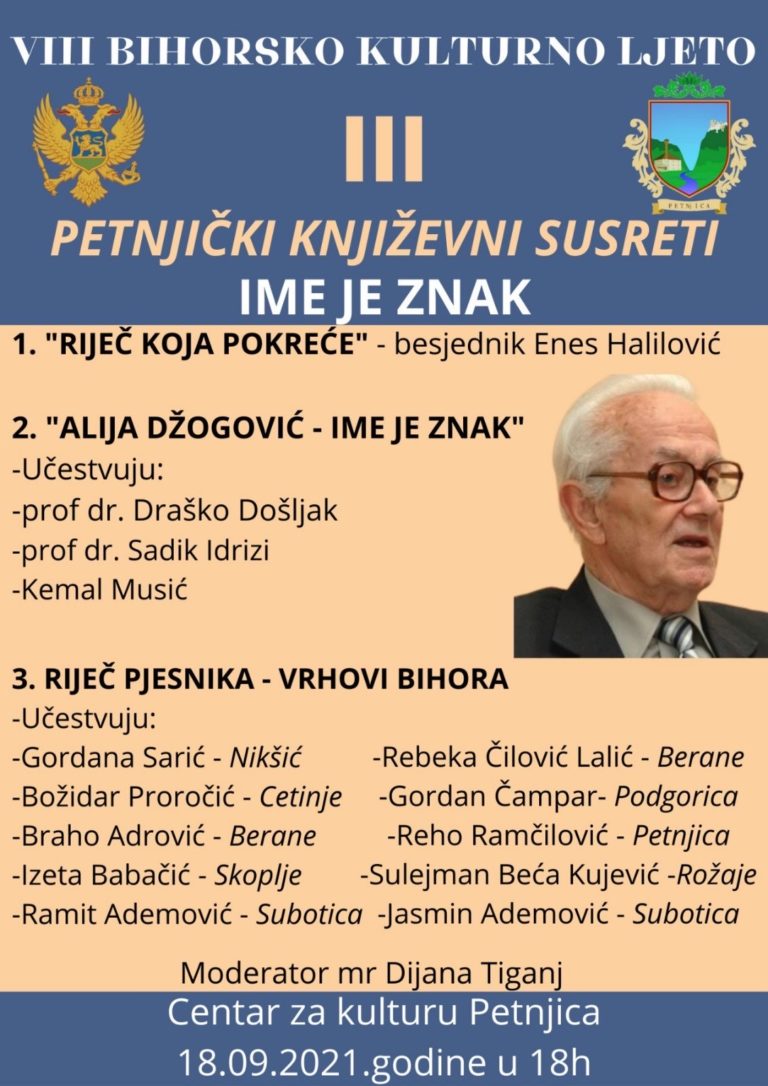 CENTAR ZA KULTURU PETNJICA: SJUTRA KNJIŽEVNI SUSRETI “IME JE ZNAK”