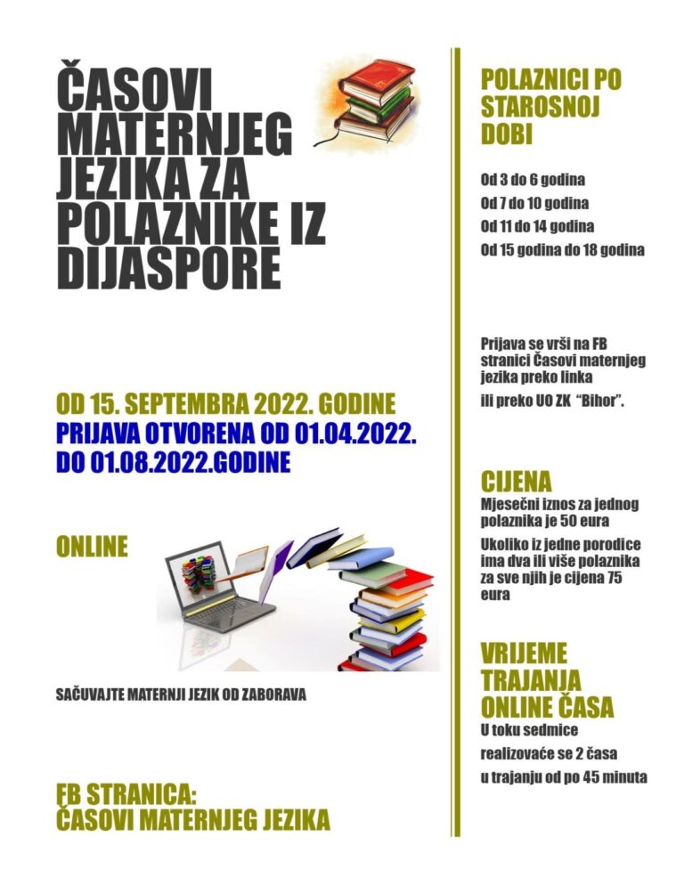 ZK BIHOR ORGANIZUJE ONLINE NASTAVU MATERNJEG JEZIKA ZA POLAZNIKE IZ DIJASPORE