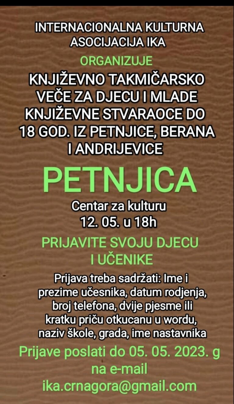 VEČERAS U CENTRU ZA KULTURU U PETNJICI: AFIRMIŠIMO MLADE KNJIŽEVNE STVARAOCE DO 18 GODINA IZ CRNE GORE