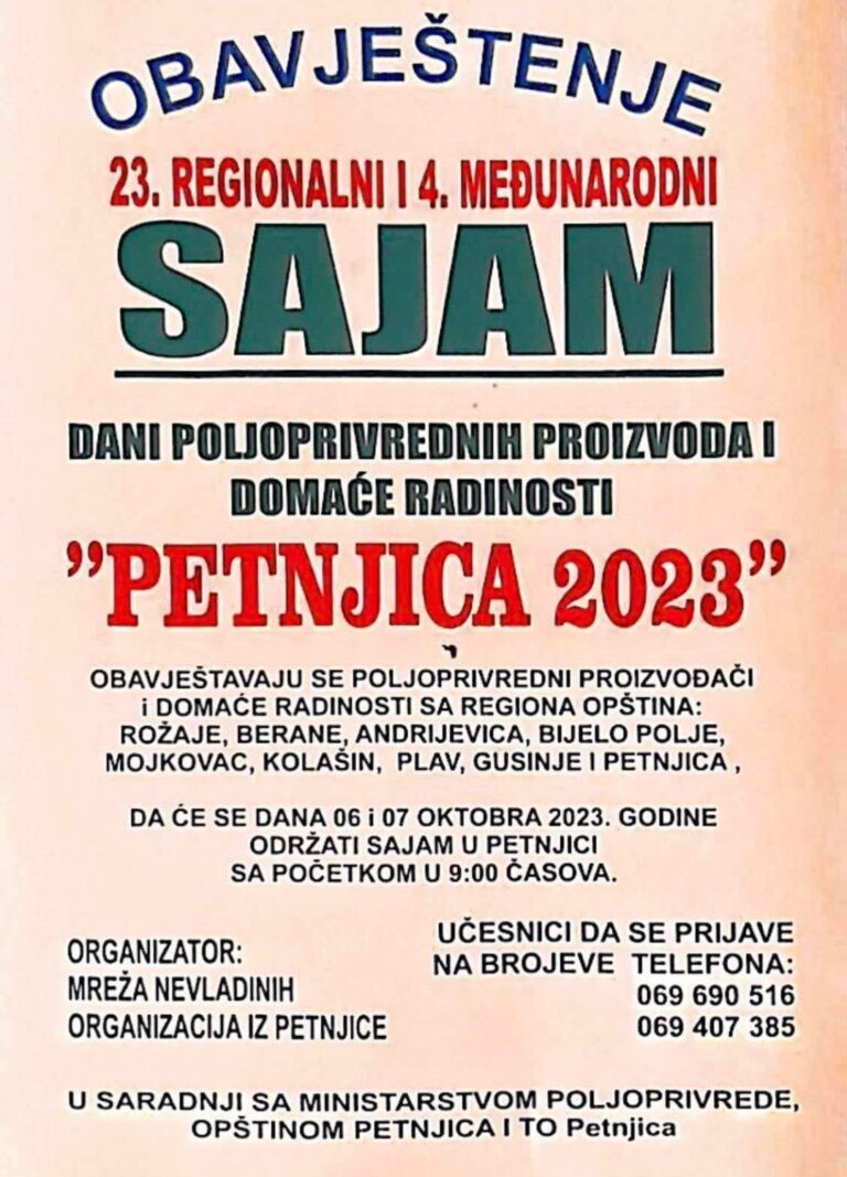 U oktobru dani poljoprivrednih proizvoda i domaće radinosti “PETNJICA 2023”