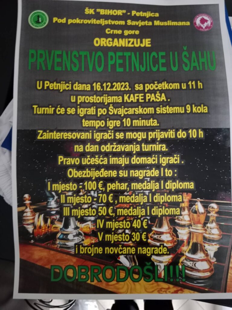 ŠK “BIHOR” ORGANIZUJE TURNIR U ŠAHU – POKROVITELJ SAVJET MUSLIMANA CG